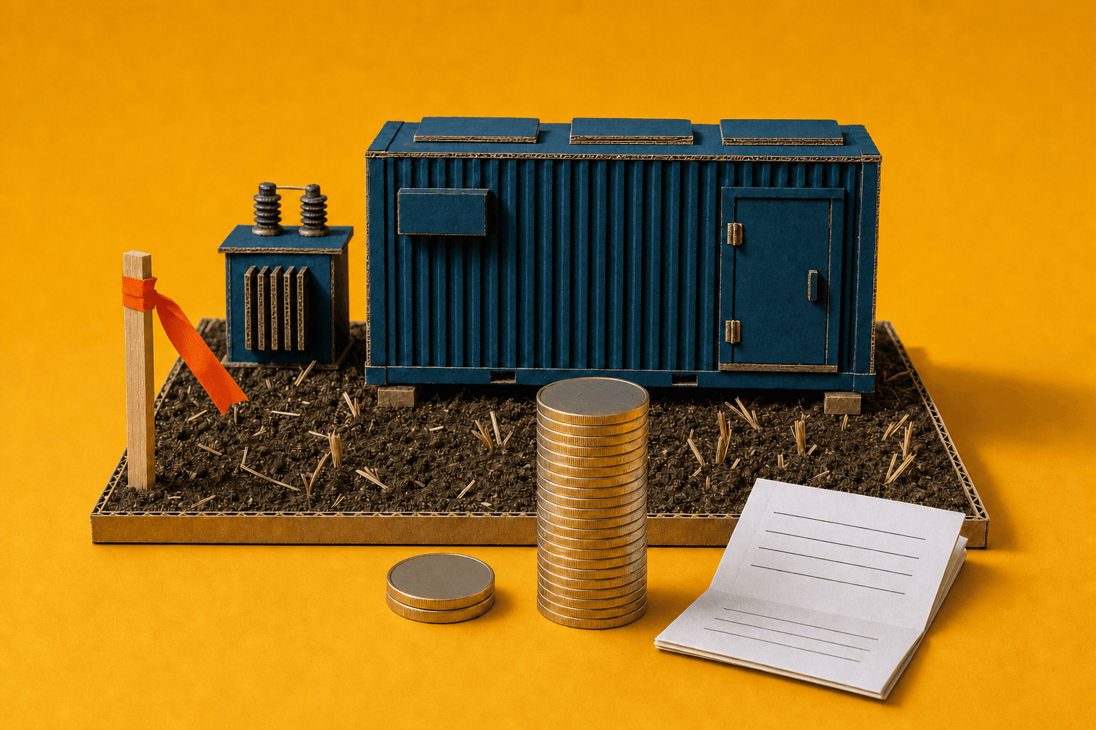 Tischmodell: Ein blauer Batteriespeicher-Container aus Karton mit Transformator steht auf einem Stück Ackererde mit Stoppeln, links steckt ein Vermessungspflock mit orangem Band. Davor zwei Münzstapel, einer zwei Münzen hoch, einer vielfach höher, rechts ein aufgeschlagenes Vertragsheft mit leeren Zeilen. KI-Illustration.