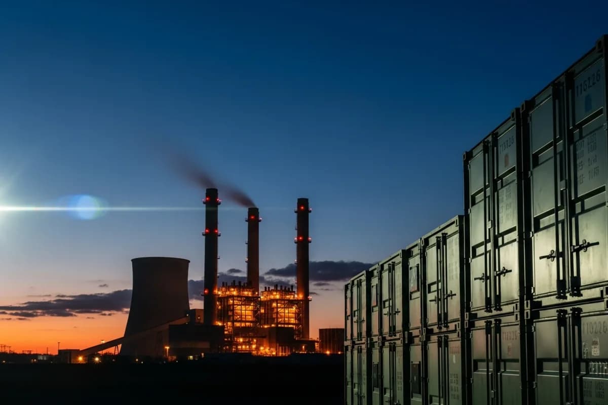 Dämmerung über einem Kraftwerk mit Kühlturm und rot-weißen Schloten, rechts im Vordergrund die Flanke gestapelter Container.