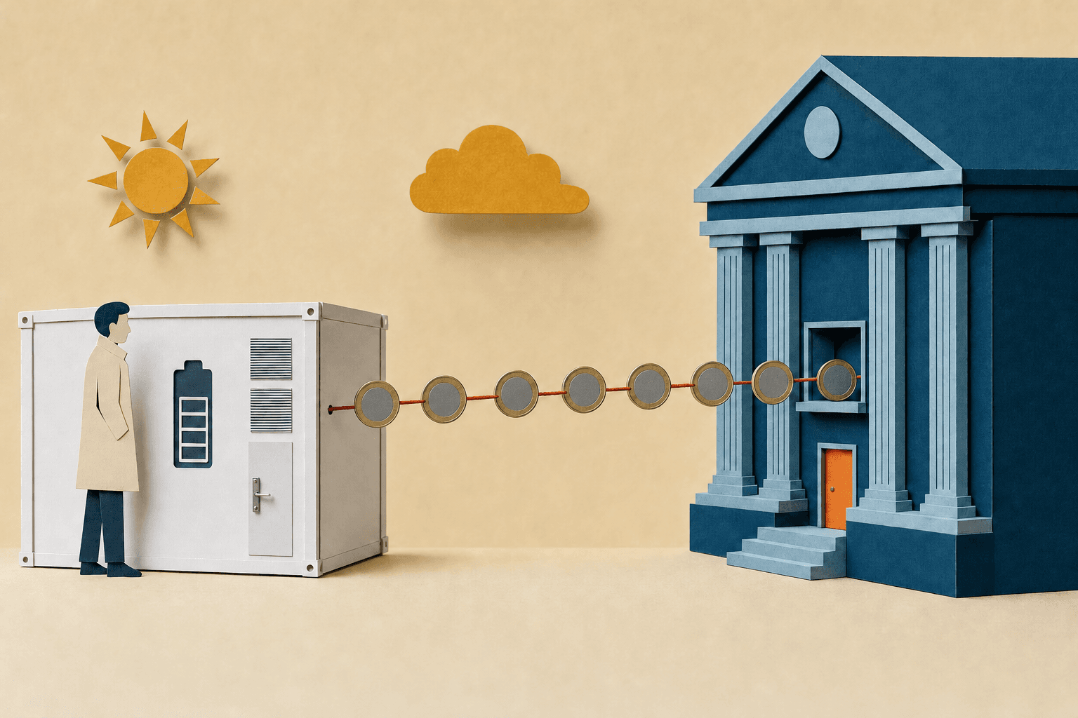 Papierschnitt: Ein Mann aus Papier steht vor einem weißen Batteriespeicher-Container. Vom Container läuft eine rote Schnur mit aufgereihten Münzen zum Fenster eines blauen Bankgebäudes, darüber Sonne und Wolke aus Papier. KI-Illustration.